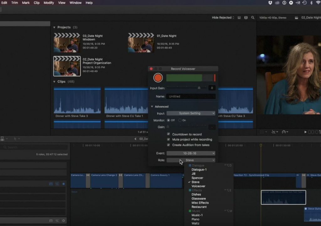 Role-assigned voiceover in Final Cut Pro 10.3 1