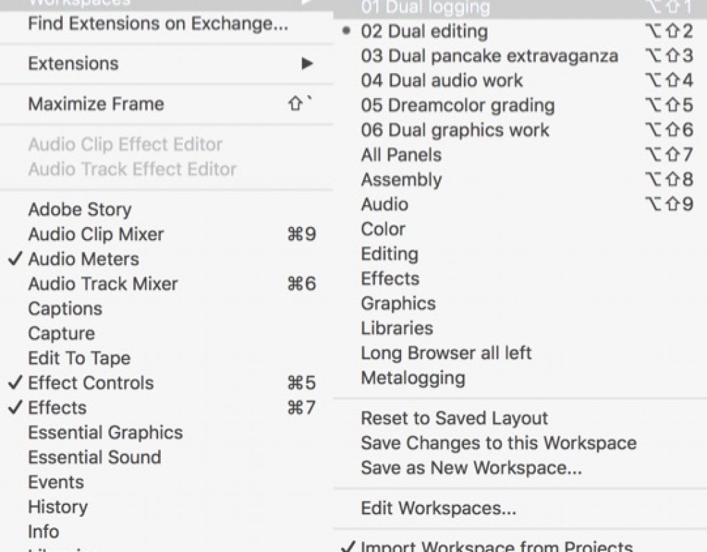 Adobe Premiere Pro workspaces a lot of them