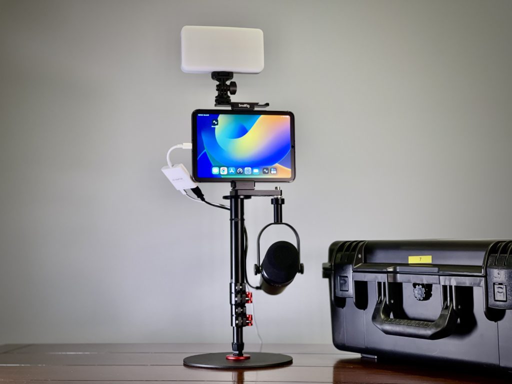 A cam/mic/light/teleprompter remote kit for non-tech-savvy guests, including Shure MV7 1