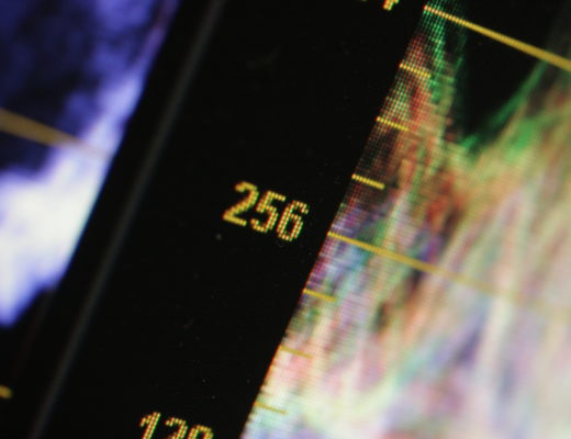 Closeup of an RGB waveform display in the Resolve grading software