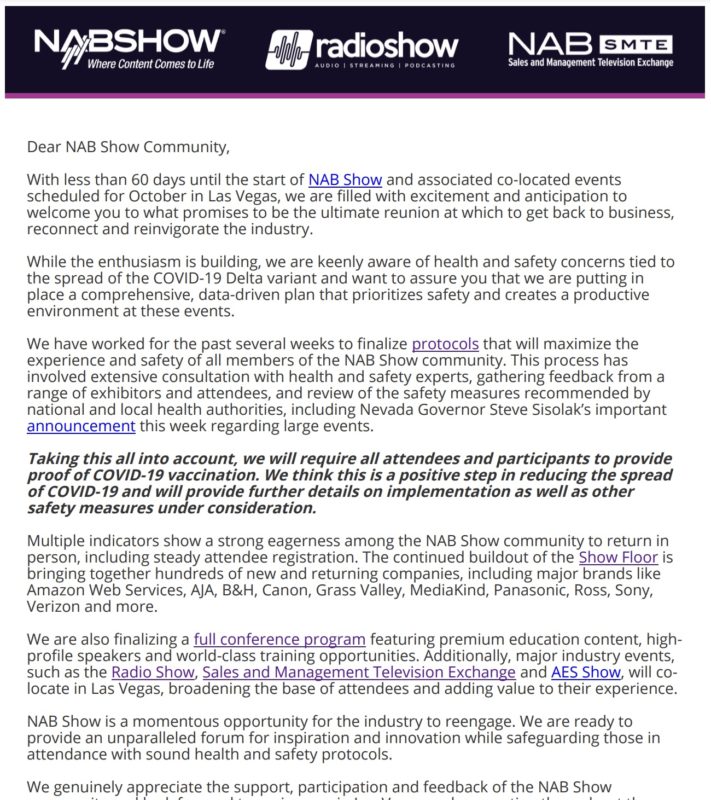 NAB Show will require proof of vaccination for NAB Show 2021 1