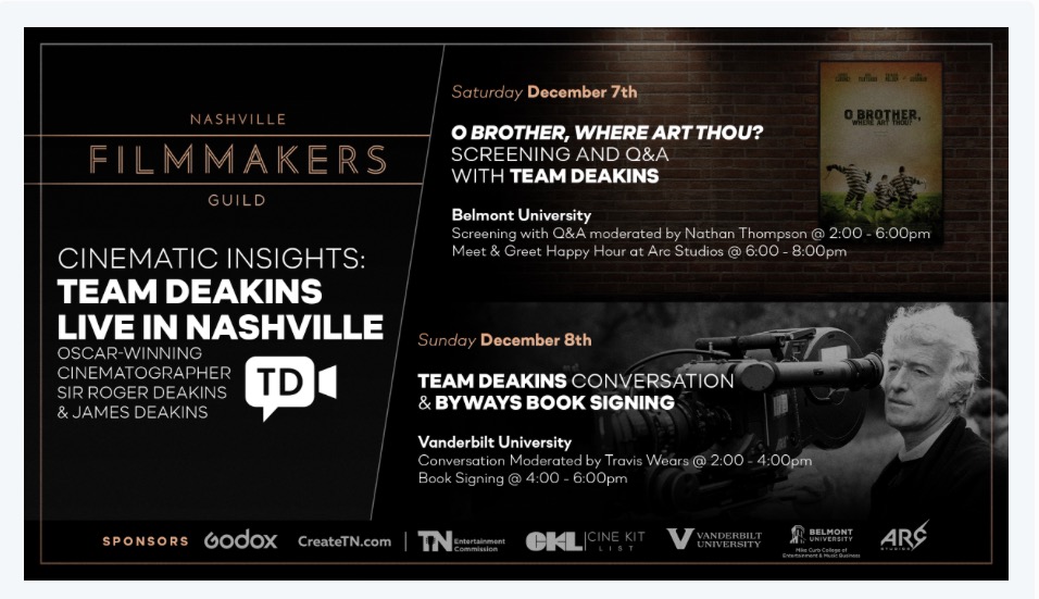 Join the Nashville Filmmakers Guild for a Sir Roger Deakins weekend. 1