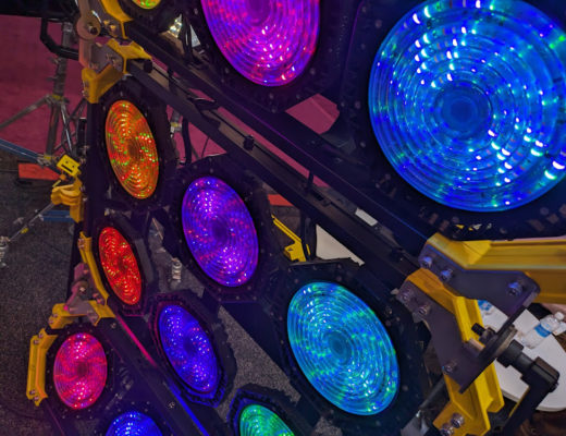 An array of high-power LED movie lights in various saturated colours.
