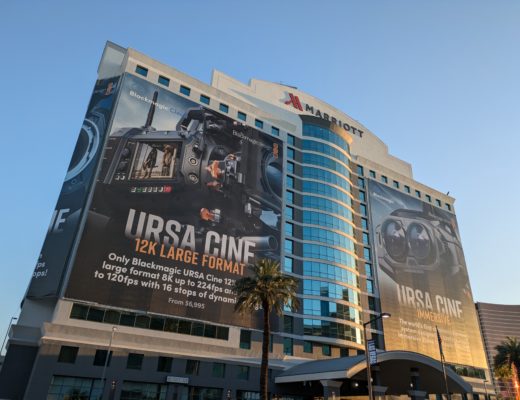 Wide angle looking up at the Las Vegas Marriott hotel, with huge posters promoting Blackmagic's Ursa Cine 17K camera.