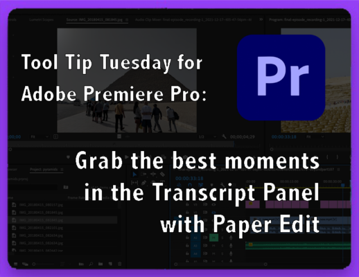 Tool Tip Tuesday for Adobe Premiere: Grab the best Moments in the Transcript Panel with Paper Edit 12 Tool Tip Tuesday for Adobe Premiere: Grab the best Moments in the Transcript Panel with Paper Edit 12