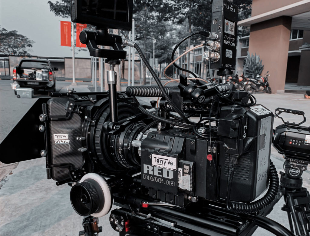 A digital cinema camera with lots of accessories attached.