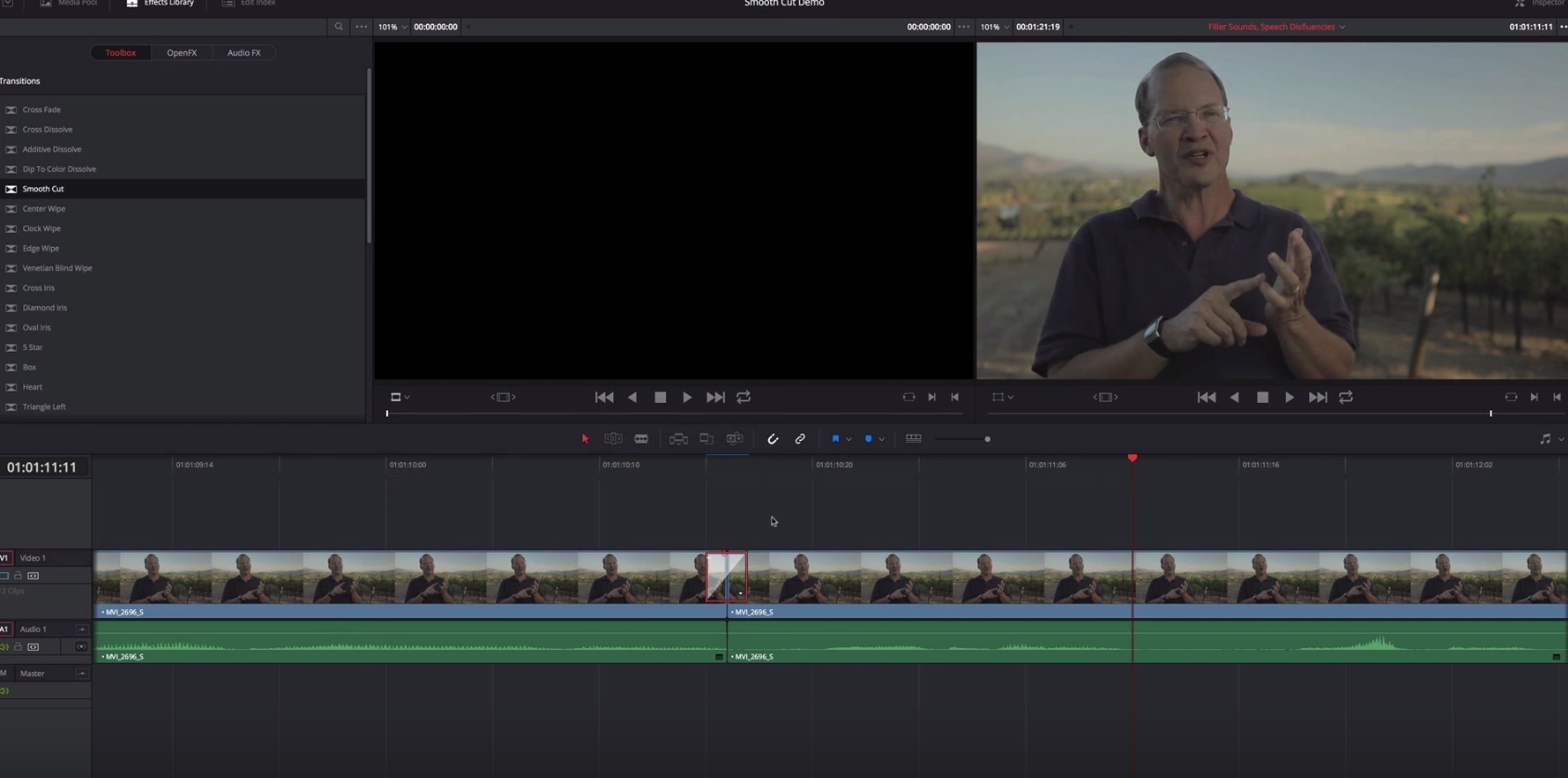 Smooth cut transitions in Resolve 12 3