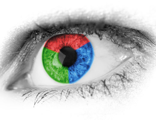 Human eye superimposed with a graphic in red, green and blue colours.