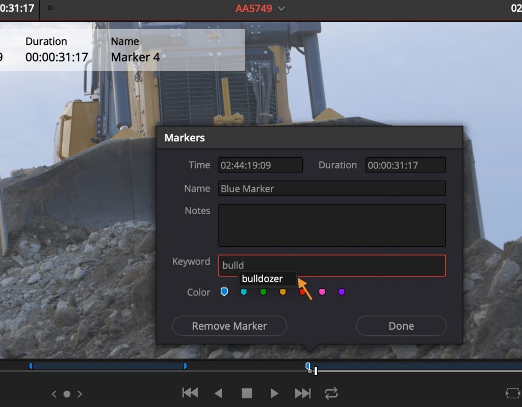 DaVinci Resolve marker keywords added